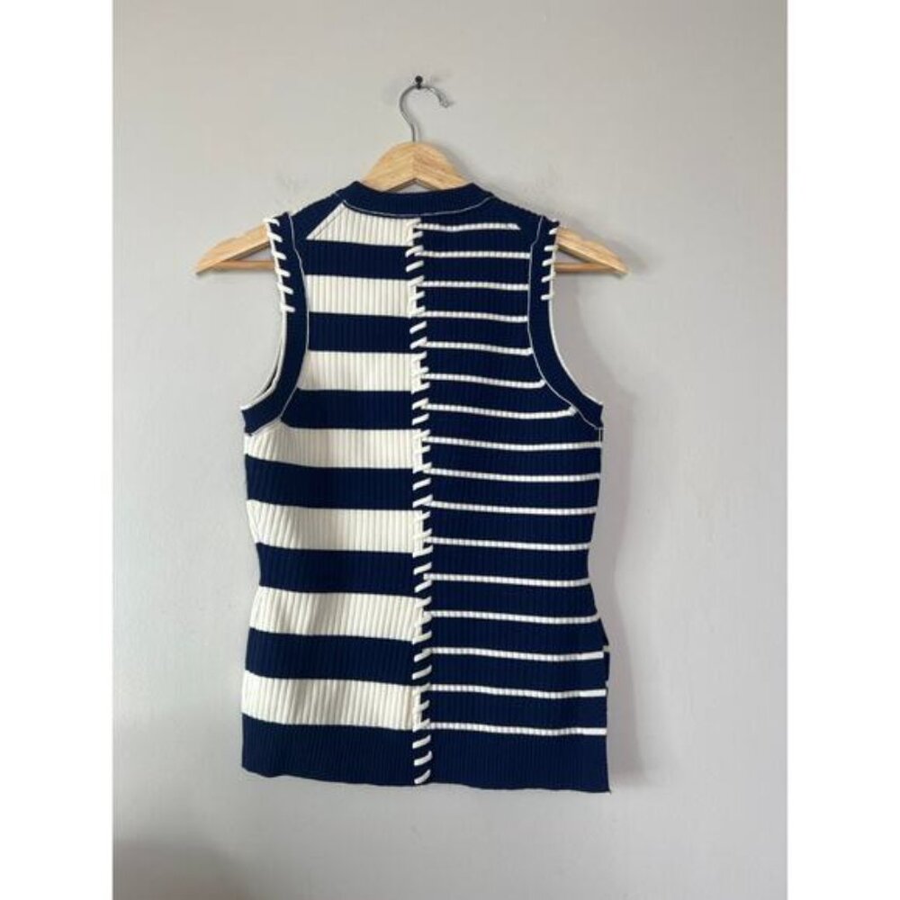NEW Simkhai Joelene Asymmetric Fitted Striped Wool-Blend Top Navy Blue Size: XS - Picture 6 of 7